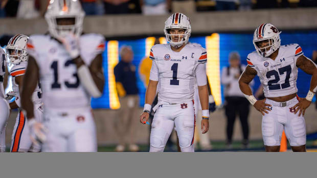 Sep 9, 2023; Berkeley, California, USA; Auburn Tigers quarterback Payton Thorne (1) looks in for the play during the first quarter against the California Golden Bears at California Memorial Stadium. Mandatory Credit: Neville E. Guard-USA TODAY Sports  